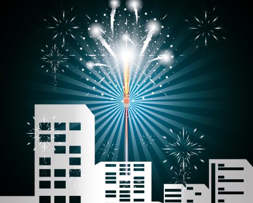 scene cityscape with fireworks vector illustration design